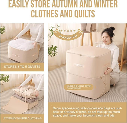 SINKZAICO Ultra Space Saving Self Compression Organizer,Packing Cubes,Waterproof And Moisture-Proof,Heavy Duty Moving Bags,For Blankets Clothes Duvet Comforter（Oatmeal 21.2 * 16.2 * 23.6 In）