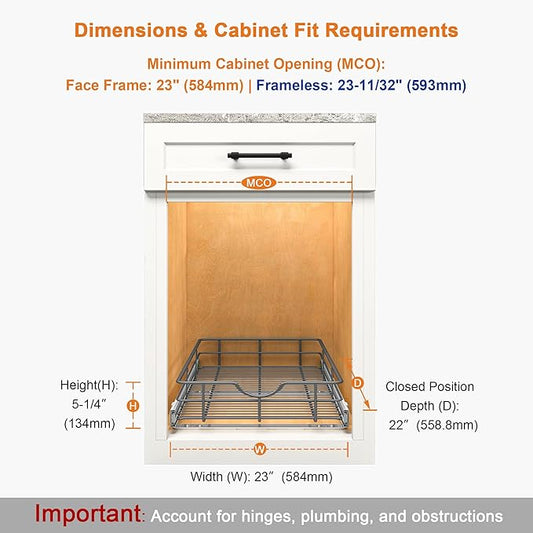 ALINE FURNITURE Pull Out Shelves - 23" W x 22" D Soft Close Pull Out Cabinet Organizer 1 Tier - Slide Out Drawers with Shelf Liner, Heavy Duty Steel Wire Baskets for Kitchen Cabinets, Pantry, Bathroom