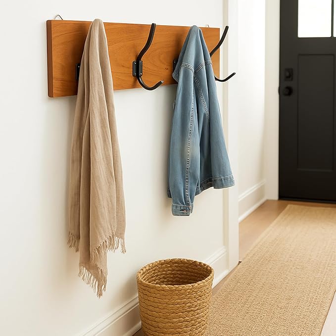 Coat Rack, Handmade, 4 Hanger Hook, Mahogany Hardwood, Durable Rustic Wall Mount, Versatile Hanger for Entryway, Bedroom, Bathroom, Farmhouse Boho Decor, 18" Natural Finish