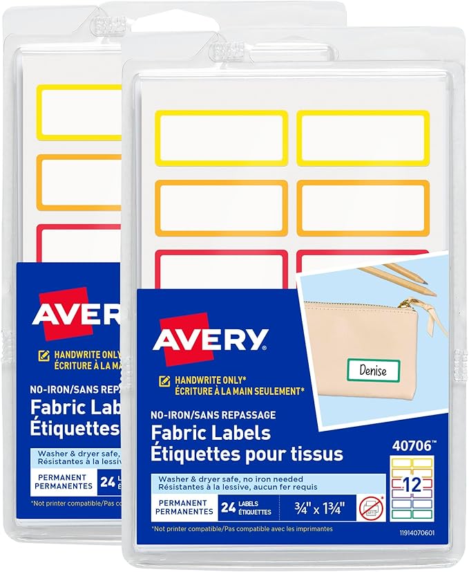 Avery No-Iron Fabric Name Labels, Rainbow Borders Preprinted Designs, Handwrite-Only, 2-Pack, 48 Preprinted Labels (22281)