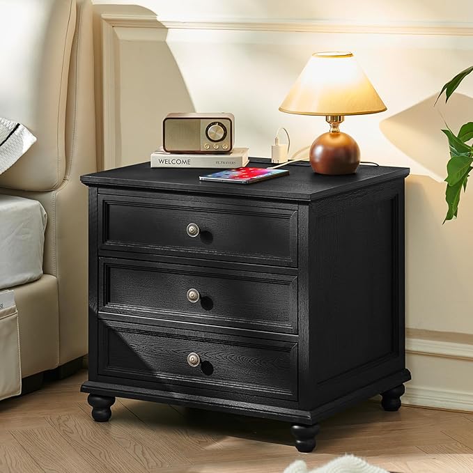 Joaxswe Farmhouse Nightstand with Charging Station, 24" Wide End Table with 3 Drawers,Wood Dresser Cabinet for Bedroom, Bed Side Table Chest of Drawers,Night Stand for Living Room, Closet,Black