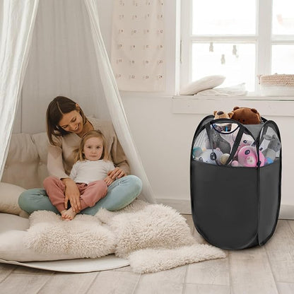 TECHMILLY Pop Up Foldable Laundry Basket, Mesh Laundry Hamper with Reinforced Handles for Dirty Clothes Storage in Dorm, Laundry Room, Bathroom, Black(Fabric), 3 Pack