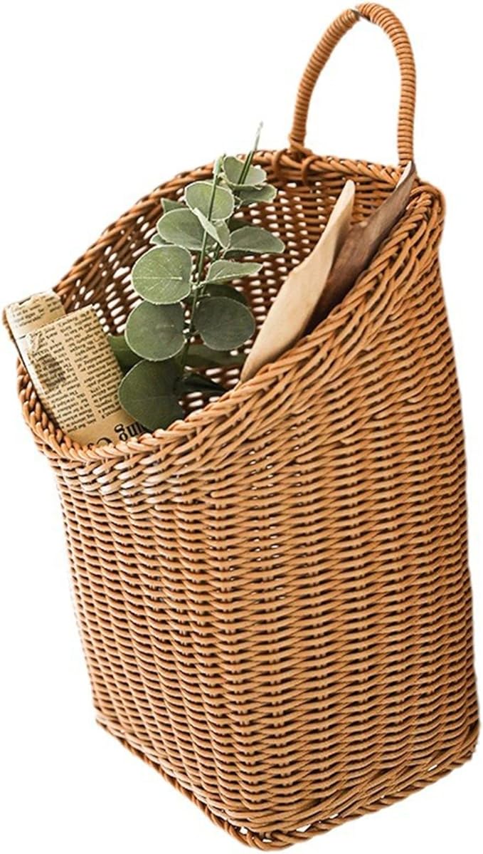Wicker Storage Basket, Small Plastic Woven Wall Hanging Basket, for Vegetable Garlic Potato Onion Fruit Flower Storage, Hand Woven Basket for Shelves, 9.8'' x 7.9'' x 11.8''