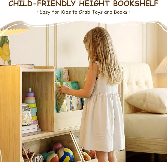Kids Bookshelf and Toy Storage, 2-Tier Toddler Bookshelf with Storage Cubbies and 2 Movable Drawers on Wheels, Toy Storage Organizer, Montessori Bookcase for Kids Room, Playroom, Nursery
