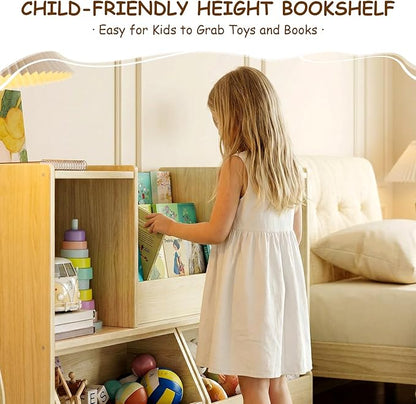 Kids Bookshelf and Toy Storage, 2-Tier Toddler Bookshelf with Storage Cubbies and 2 Movable Drawers on Wheels, Toy Storage Organizer, Montessori Bookcase for Kids Room, Playroom, Nursery
