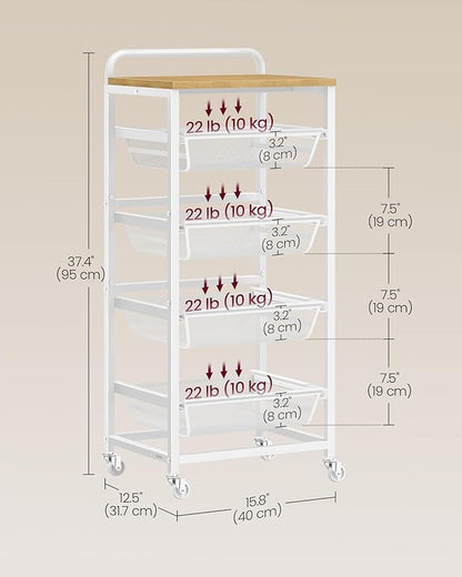 VASAGLE Kitchen Storage Cart with Pull-Out Baskets, 5-Tier Rolling Utility Cart with Wheels for Snacks, Handle, 12.5 x 15.8 x 37.4 Inches, Golden Oak and Matte White ULRC041YA01