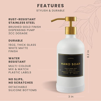 Hand and Dish Soap Dispenser for Kitchen and Bathroom, Set of 2 16 Oz Glass Bottles, Stainless Steel Pumps, Non-Slip Silicone Base, 27 Waterproof Labels (Matte White Bottle/Brushed Gold Pump)