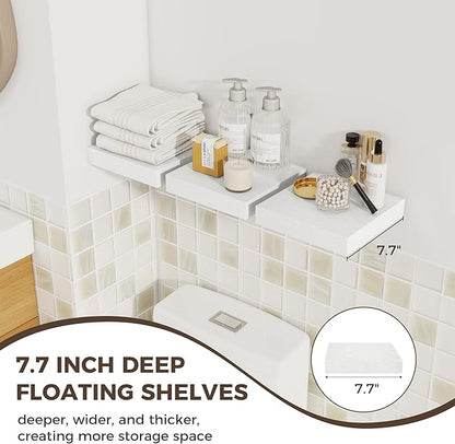 Fun Memories Small Floating Shelves for Wall - 8 Inch Square Wall Shelves with Invisible Brackets, White Shelves for Bathroom, Living Room, Bedroom, and Kitchen Decor, Set of 3