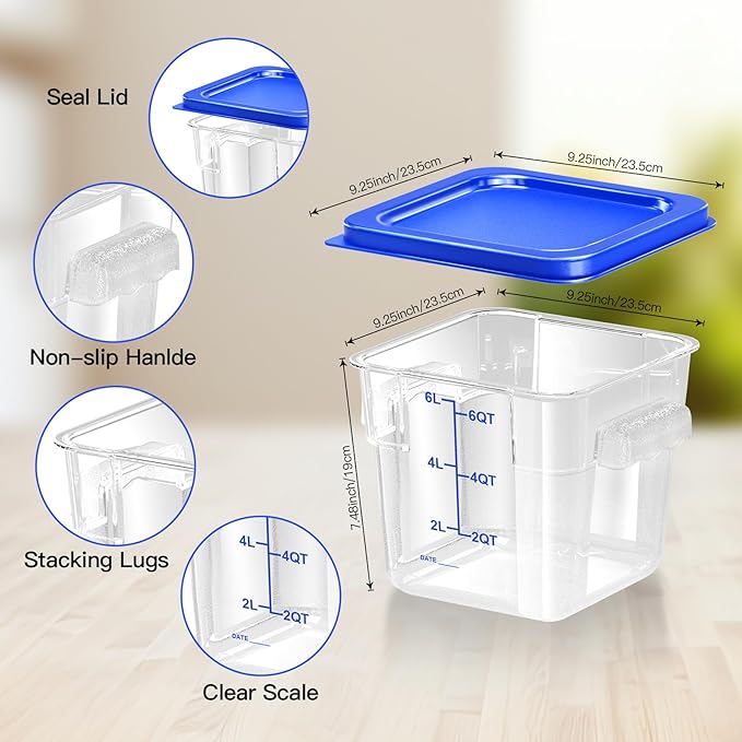 FeyBuosk 4 pcs 6qt Food Storage Containers with Lid, Square Clear Commercial Food Storage Containers with Handle and Scale for Food Storage in Home Kitchen & Dining (Blue)