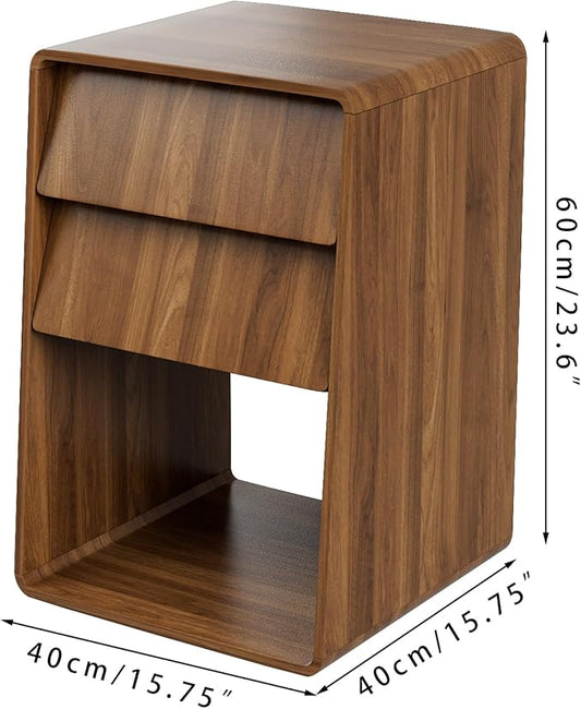 Small Nightstand Set of 2, Wood Bedside Table, Mid Century Modern Night Stand with Slanted 2 Drawers, Wooden Bed Side Table with Storage, Walnut End Table for Bedroom, Boho, Vintage