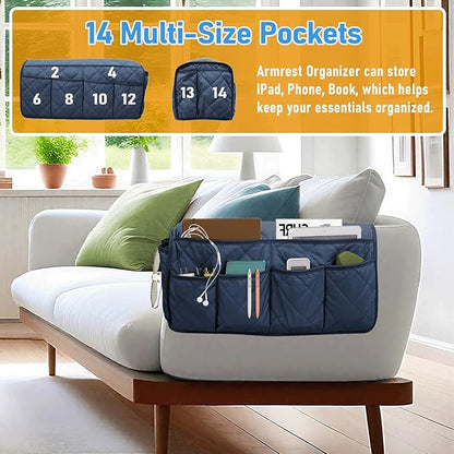 Gloserin Armchair Caddy, Sofa Armrest Organizer, Non Slip Recliner Organizer, Remote Control Holder for Recliners, Recliner Arm Caddy with 14 Pockets Storage for TV Remote, Phone, Magazine(Blue)