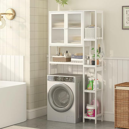 Wisuce Essentials Over The Toilet Storage Cabinet Above Toilet Bathroom Organizer with Toilet Paper Holder Stand Bath Organizer with Adjustable Shelves & Acrylic Doors,Anti-Tip Device (White)