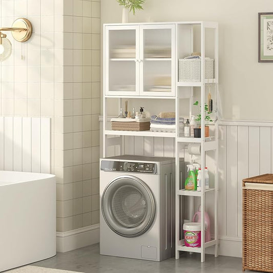 Wisuce Essentials Over The Toilet Storage Cabinet Above Toilet Bathroom Organizer with Toilet Paper Holder Stand Bath Organizer with Adjustable Shelves & Acrylic Doors,Anti-Tip Device (White)