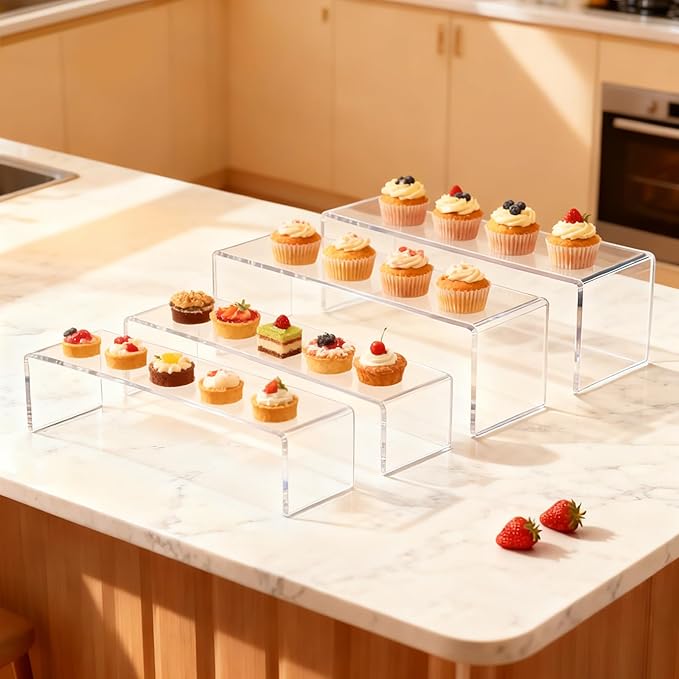 Acrylic Display Riser Stand,5mm Thickness, 12'' Length Tierd Display Stands, Acrylic Shelf Risers for Perfume Display,Risers for Buffet Table,Cupcake Stand,Pop Figurines,Tumbler,Food,4Pcs