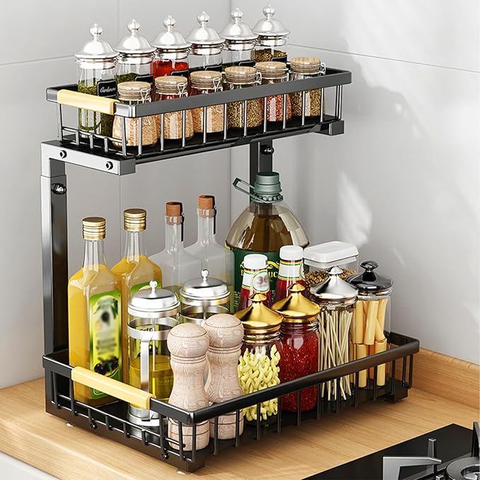 2 Pack 2 Tiers Pull Out Under Sink Organizers, Metal Kitchen Storage Shelf, Pull Out Under Sink Storage Rack, Multi-purpose Under Sink Shelf Organizer for Under Sink Cabinet Bathroom Kitchen (Black)