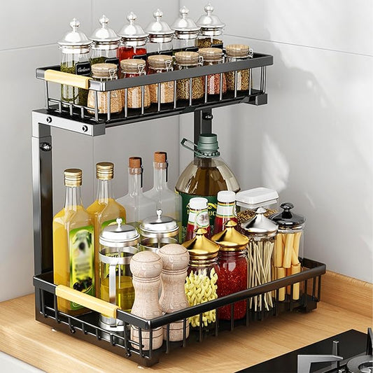 2 Pack 2 Tiers Pull Out Under Sink Organizers, Metal Kitchen Storage Shelf, Pull Out Under Sink Storage Rack, Multi-purpose Under Sink Shelf Organizer for Under Sink Cabinet Bathroom Kitchen (Black)