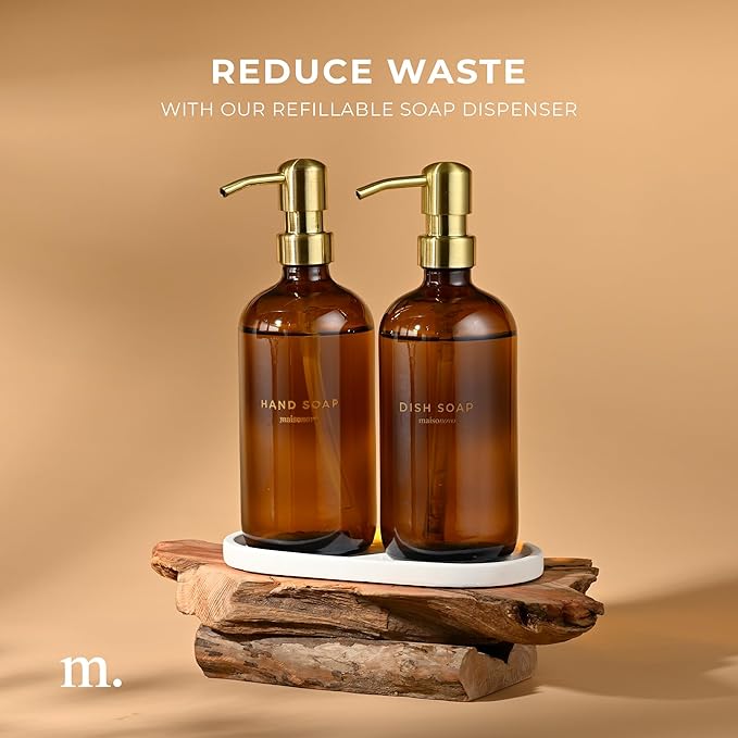 MaisoNovo Soap Dispenser 3-Piece Set | 16.9oz Amber Bottles with Gold Stainless Steel Pump Core