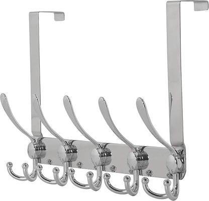 Dseap Over The Door Hook Hanger - Fits 1 3/8" to 1 3/4" Standard Doors | 5 Tri Hooks Heavy Duty Towel/Coat Rack | Door Organizer for Clothes, Jackets, Hats, Towels, Chromed