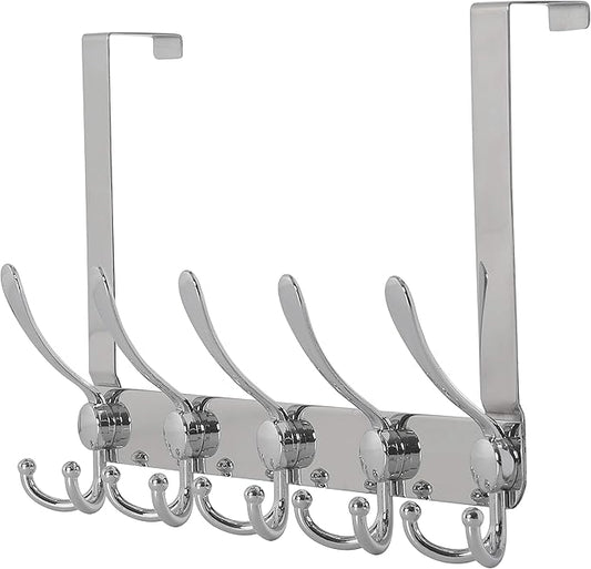 Dseap Over The Door Hook Hanger - Fits 1 3/8" to 1 3/4" Standard Doors | 5 Tri Hooks Heavy Duty Towel/Coat Rack | Door Organizer for Clothes, Jackets, Hats, Towels, Chromed