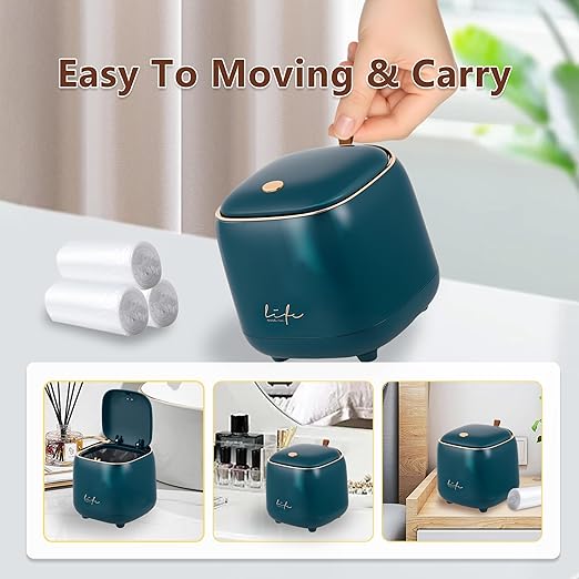 Mini Trash Can with Lid, 2.2 L/0.6 Gal Vanity Trash Can, Countertop Garbage Can with 60 PCS Trash Bags for Desktop Bathroom Bedroom Kitchen Car, 5.5" (Dark Green)