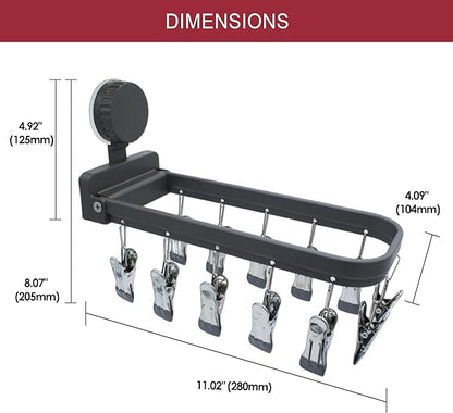 Foldable Laundry Drying Rack with 15 Clips, Wall Mount Suction Cup Hanger for Socks Undergarments Towels, Space Saving Clothes Organizer, Dark Grey