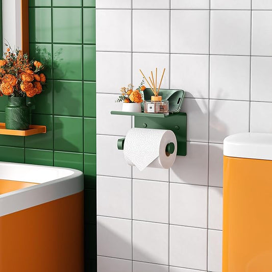 Tindbea Toilet Paper Holder with Shelf Adhesive or Screw Wall Mounted Toilet Paper Roll Dispenser Storage, Stainless Steel Bathroom Shelf Holder Accessories (Forest Green)