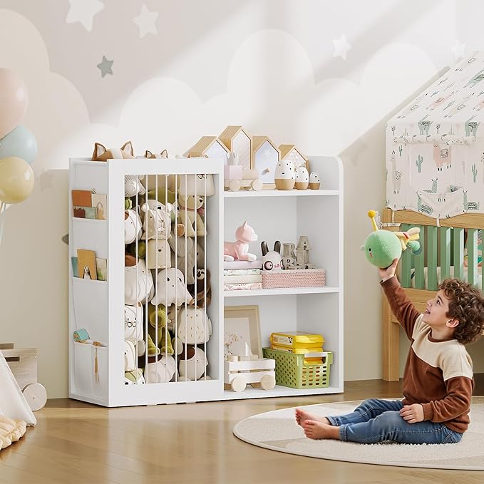 Kids Bookshelf and Toy Storage Organizer, 3 Tier Bookcase for Kids Rooms, Book Shelf with Stuffed Animal Storage, Side Oxford Fabric Pockets, for Playroom, Nursery, Bedroom, White CW02WT