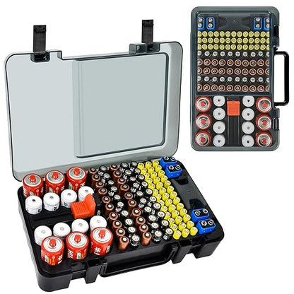 Battery Organizer Storage Case with Tester Checker. Batteries Holder Box Container for 120+ AA AAA 9V C D Lithium CR2025 CR1632 CR2032 Coin Cell Battery with Wall-Mounted Design -Black