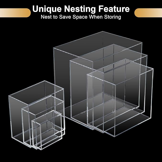 Cliselda 6Pcs Clear Acrylic Boxes for Display, Food Risers for Buffet Table Party Cupcake Candy Desset,Acrylic Nesting Risers Display Stands Cube Boxes with Hollow Bottoms