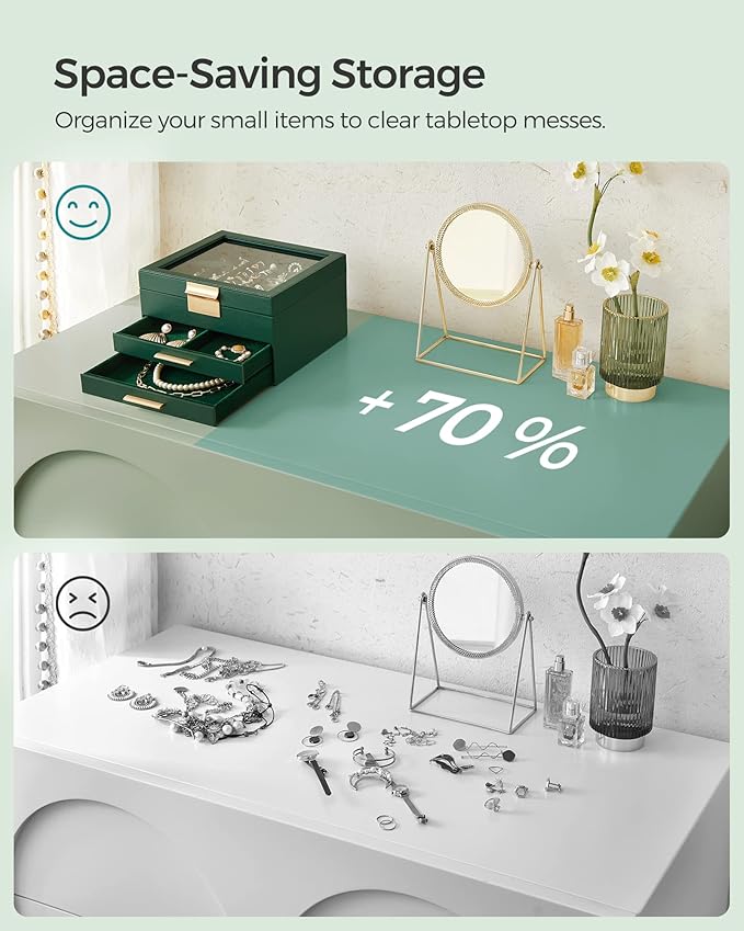 SONGMICS Jewelry Box Organizer with Glass Lid, 3-Layer Jewelry Storage, with 2 Drawers, Modern Style, 8 x 9.1 x 5.3 Inches, Forest Green and Gold Color UJBC239C01