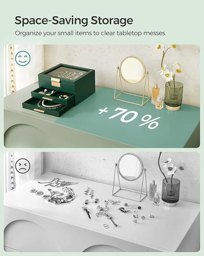 SONGMICS Jewelry Box Organizer with Glass Lid, 3-Layer Jewelry Storage, with 2 Drawers, Modern Style, 8 x 9.1 x 5.3 Inches, Forest Green and Gold Color UJBC239C01