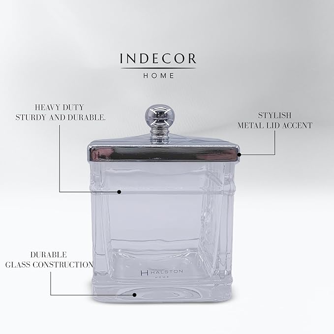 Indecor Home Apothecary Glass Cotton Jar Holder Silver Stainless Steel Lid, Elegant Bathroom Storage Canister for Qtips, Cotton Balls, Floss, Makeup Organizer, Vanity Bathroom Organization