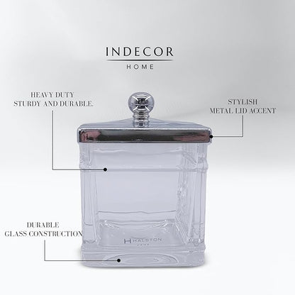 Indecor Home Apothecary Glass Cotton Jar Holder Silver Stainless Steel Lid, Elegant Bathroom Storage Canister for Qtips, Cotton Balls, Floss, Makeup Organizer, Vanity Bathroom Organization