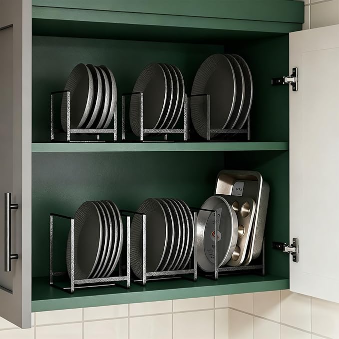 Kifmurase 4 Pieces Plate Organizer for Kitchen Cabinet, Metal Dish Organizers Upright Dish Racks Plate and Bowl Storage Organizer for Pots Pans Cutting Boards (Black, 2 Sizes)