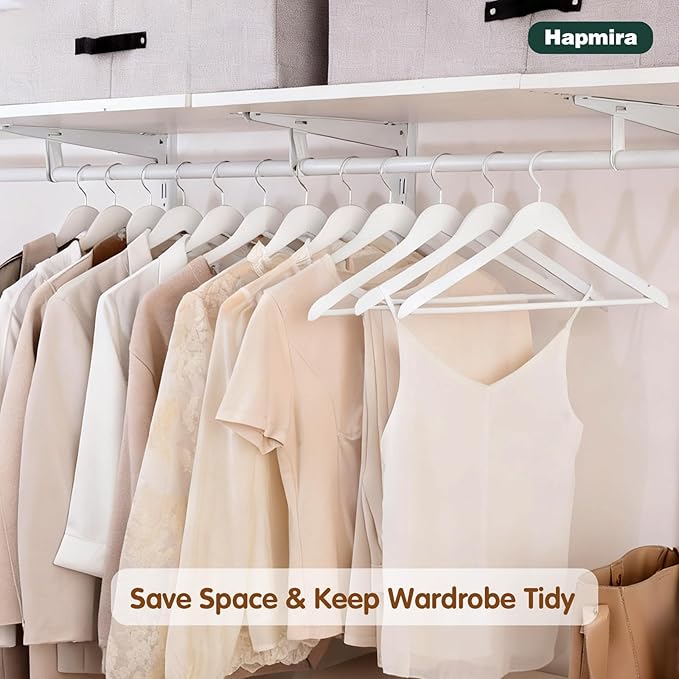 Hapmira Premium Wooden Hangers 10 Pack, Natural Solid Wood Hangers with Trouser Rods and Shoulder Notches, Space Saving for Suits, Shirts, Jackets, Dresses and Pants (10, White)