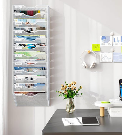 12 Pockets Hanging Wall File Organizer, Office Organization Wall Mount Mail Sorter Paper Holder Bill Organizer for Home, White