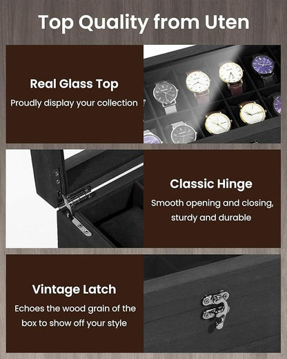 Uten 12-Slot Watch Box, 2-Layers Solid Wood Watch Display Case with Glass Lid, Watch Holder Organizer with Soft Pillow and Velvet Lining, Watch and Jewelry Storage Box, Black