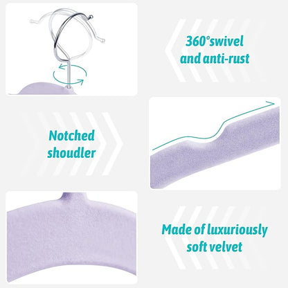 Sishynio 30 Pack Velvet Hangers - Non Slip Slim Hangers for Closet Organization, Space Saving Clothes Hangers with Notches for Dresses, Shirts(Purple)