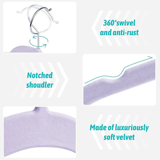 Sishynio 30 Pack Velvet Hangers - Non Slip Slim Hangers for Closet Organization, Space Saving Clothes Hangers with Notches for Dresses, Shirts(Purple)