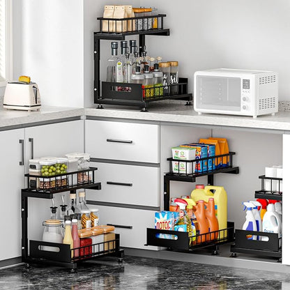 Under Sink Organizer, 2-Tier Premium Metal Pull-Out Racks with Adjustable Height, Heavy Duty Sliding Bin for Bathroom and Kitchen Cabinet Storage, Rust Resistant 1 Pack