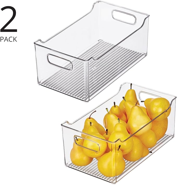 mDesign Modern Plastic Open Front Dip Storage Organizer Bin Basket with Built-In Handles for Kitchen Organizing, Fridge Shelf, Cubby, Cabinet, or Pantry Organization, Ligne Collection - 2 Pack - Clear