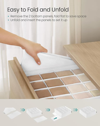 SONGMICS 4 Pack Drawer Organizers, 80 Cells (2x16+2x24), Foldable Dividers, 11.8 x 11.8 x 3.9 Inches, for Socks, Underwear, Ties, Belts, Cloud White URUS011W01