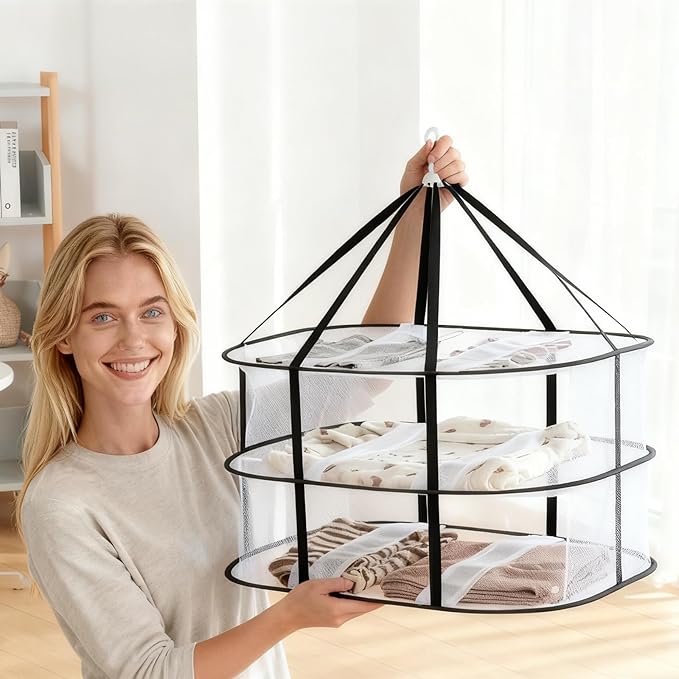 3-Tier Folding Mesh Clothes Drying Rack, Stackable Sweater Dryer Rack with Internal Fixation, Portable Hanging Laundry Rack for T-Shirt,Swimsuit,Sweater,Delicates(Black,Size:30.3x24x31inch)