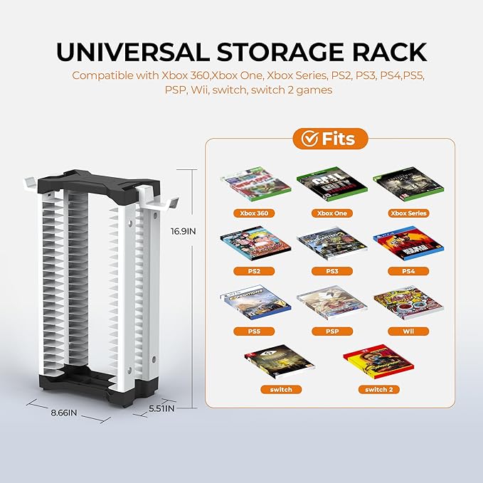 White Video Game Storage Tower 23 PCS - Universal Organizer for PS5 PS4 PS3 PS2 PSP, Xbox Series X/S One 360, Wii Wii U, Switch Switch 2 | Holds Game Cases, Controllers & Headphones