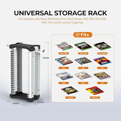 White Video Game Storage Tower 23 PCS - Universal Organizer for PS5 PS4 PS3 PS2 PSP, Xbox Series X/S One 360, Wii Wii U, Switch Switch 2 | Holds Game Cases, Controllers & Headphones
