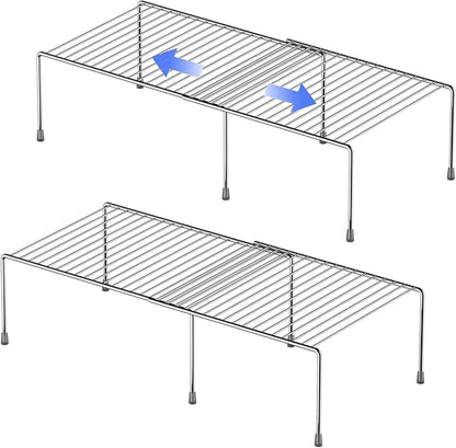 Redrubbit Cabinet Storage Shelf Rack, 4 Piece Expandable Metal Rustproof Kitchen Counter and Cabinet Shelf, Storage Rack Organizer Space Saver for Kitchen, Fridge, Cabinet, Bathroom, Chrome, Set of 2