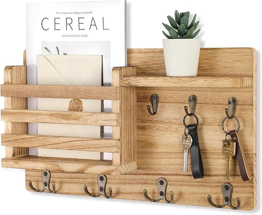 Nekon Mail Holder for Wall Mail Organizer with Key Hooks Hallway Farmhouse Decor Storage Racks with Floating Shelf and Flush Mount Hardware (16.8Inch x 10Inch x 3.2Inch) (Wood)
