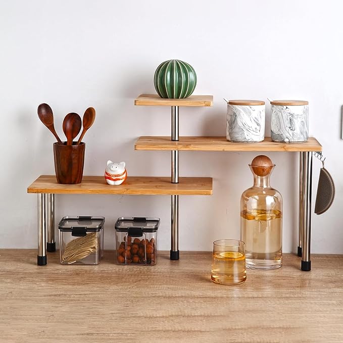 HYNAWIN Bamboo Countertop Shelf Storage Spice Rack, 3 Tier Desktop Shelves Space Saving Organizer, Adjustable Rack
