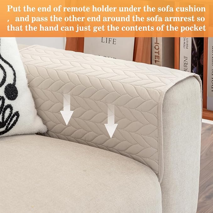 HADEEONG Sofa Armrest Organizer Arm Chair Caddy for Recliner, Remote Control Holder for Recliner, Non-Slip Armchair Caddy with 6 Pockets Storage for Magazine, Tablet, Phone, Beige