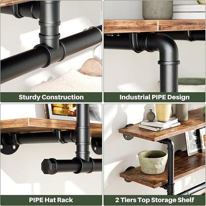 Aheaplus Industrial Pipe Clothes Rack with Top Shelf, 59In Space-Saving Wall Mounted Clothing Rack, 2 Tiers Heavy Duty Pipe Clothing Shelves with Hanging Rod for Laundry Room, Closet, Rustic Brown